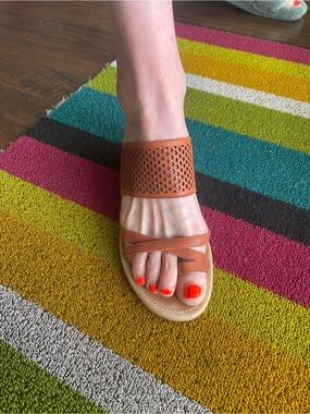 UGG Brown Leather Perforated Wide Strap Slide Sandals size US 9.5